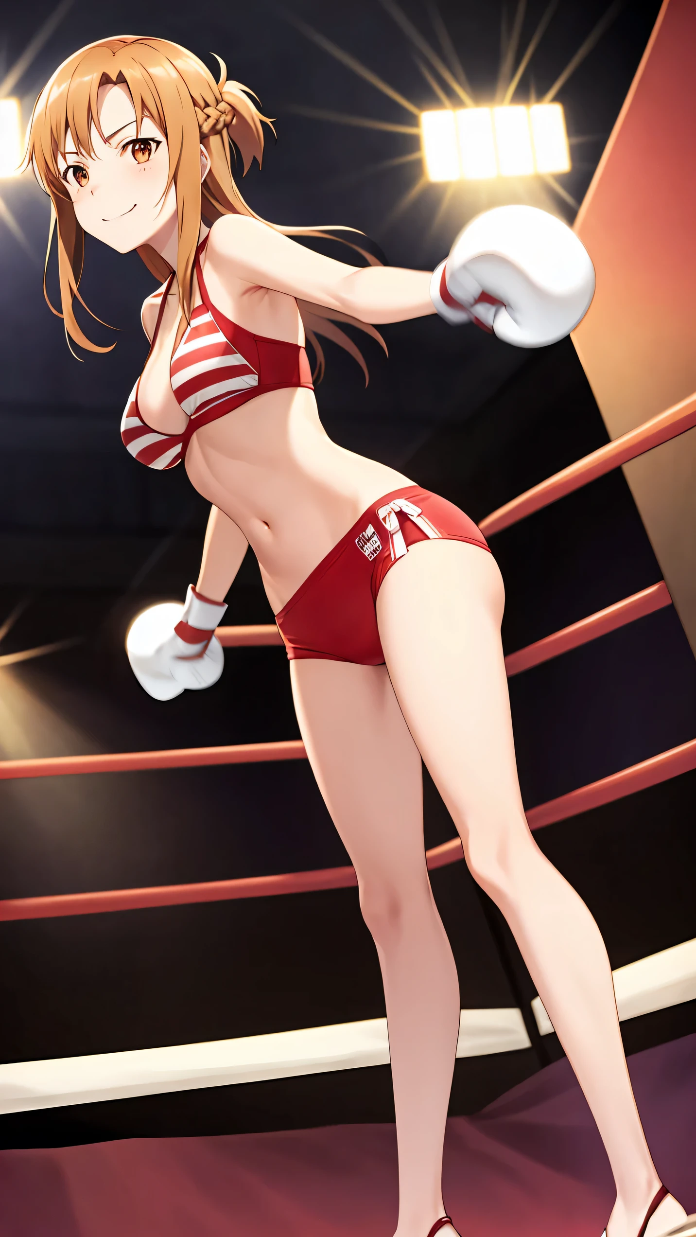 Asuna yuki(Sword Art Online), Dynamic Angle, Long bronze hair,Braiding,Brown eyes,Detailed eyes,Big bust line,bikini, Roll Forward,Real,Her slim legs are really cute.,Very beautiful long legs, Perfect body,Real,(Standing Alone),Fighting Pose,Boxing gloves,Boxing Ring,Smirking, From Below,winner,Ultra HD,Detailed eyes,Detailed face,