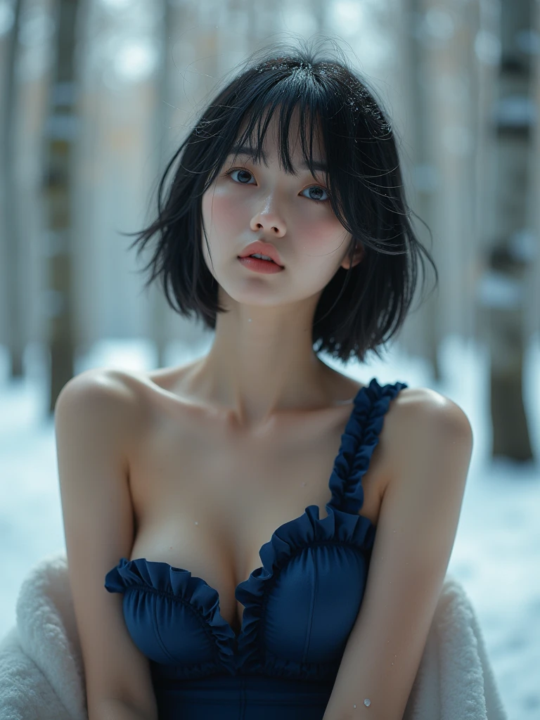 High resolution, masterpiece, Highest quality, One person, Japanese, Cute Face、Looking up at the sky、Melancholic expression、Black Hair, Bob Cut Hair, Navy blue frilly one-shoulder swimsuit、Large Breasts, Sweat、Wet Hair、Wet body、Beautiful snowy birch forest、The background is a beautiful snowy birch forest、Sleeping in an infinity chair、Background Blur, Lens flare, movie, 