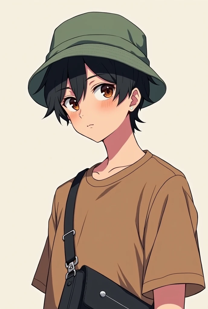 male, black hair, two block hairstyle, black eyes, brown shirt, crossbody bag, idol, アニメ, 2d, bucket hat