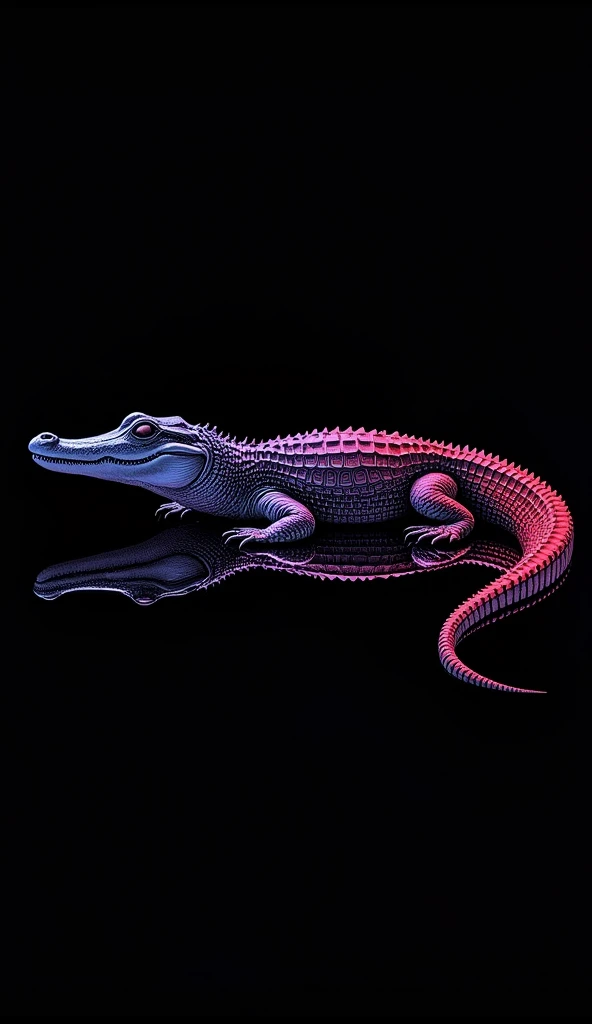 A photo-realistic, extremely detailed silhouette of a full-body crocodile with a mesmerizing gradient color line art style. The outline is formed using a blend of red, orange, yellow, green, blue, indigo, and violet hues, creating a dark fantasy ambiance. The crocodile gazes intently at the viewer with a highly detailed and accurate outline, evoking a sense of dark wildlife photography. The crocodile's silhouette fills the dark black background, with no reflections or white lines, leaving a striking and vibrant impression.