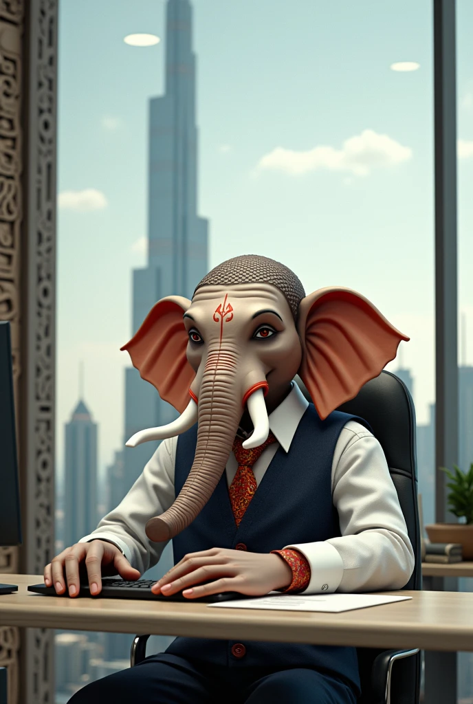 Lord ganesha working in office on the back side Burj Khalifa