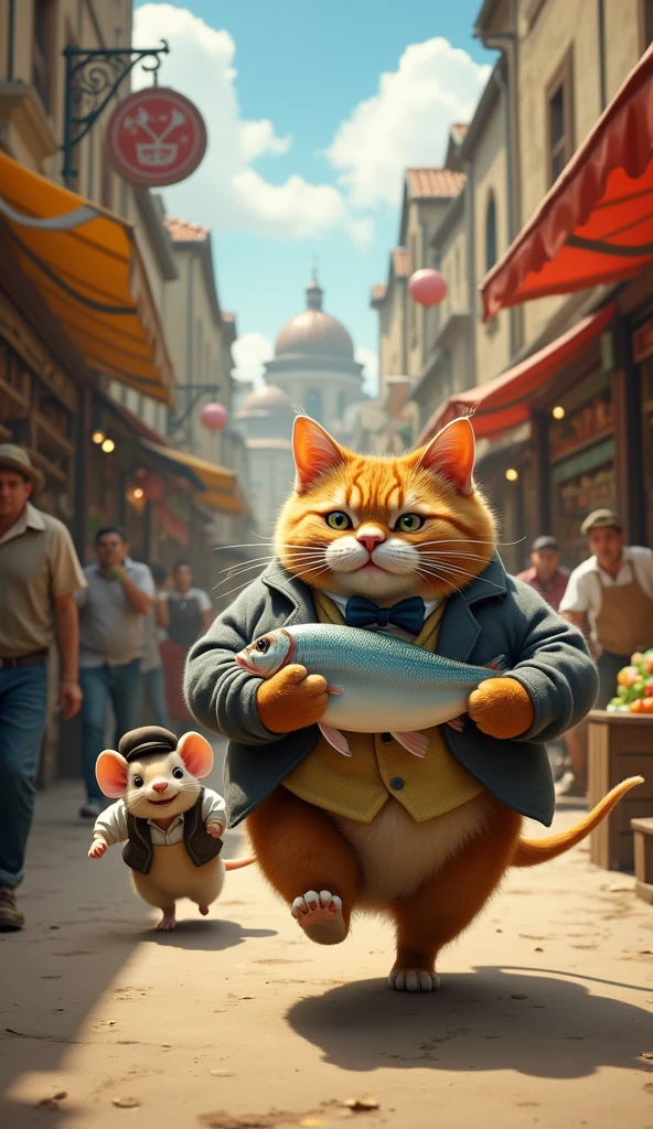 fat cat is holding fish running in the market, behind is a fat mouse chasing, 2 animals that run like humans and wear clothes