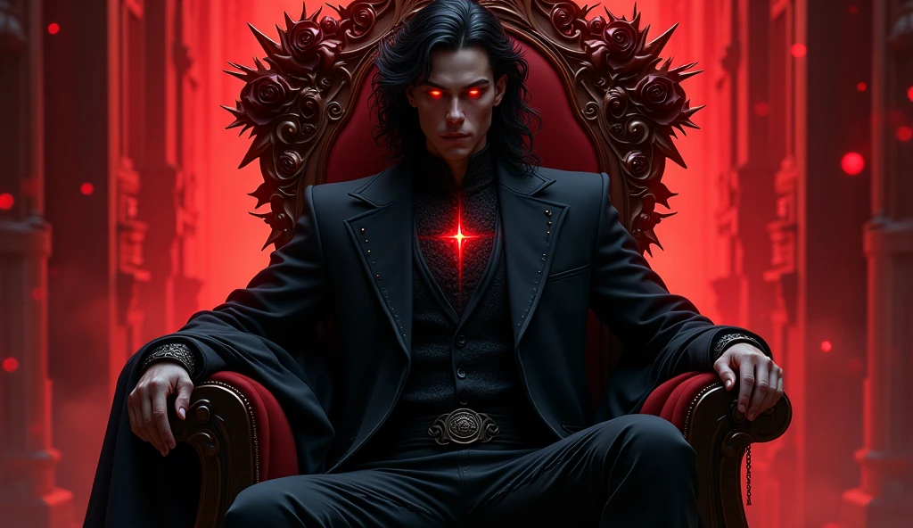 rhysand acotar, RAW Photos,black light, dark hair , rhysand, sarcastic brunette, dark surroundings, Dark masterpiece, homem fair brown-skinned, sitting in a throne, throne with thorns, black roses, man black clothes black, posing photo, black witchcraft, red geometric shiny background, full body size, Eastern fantasy theme, Eyes red, underworld, cold stare, Dark clothes, long and tight, fair brown-skinned, color classification, dark illustration, extreme quality, Radiant, extremely detaild, Face ultra detailed, ultra hd 8k, ultradigitality, mythical, black lightning, Conceital Art Portrait of Greg Rutkowski, artgerm, hyperdetailed, intricately detailed Gothic art, dark gothic fantasy style, triadic colors, Fantastic, intricate-detail, opening screen, colors complementary, fantasy concept art, 8K resolution, masterpiece of gothic deviantart, Heavy strokes, soft lighting, Surrealism