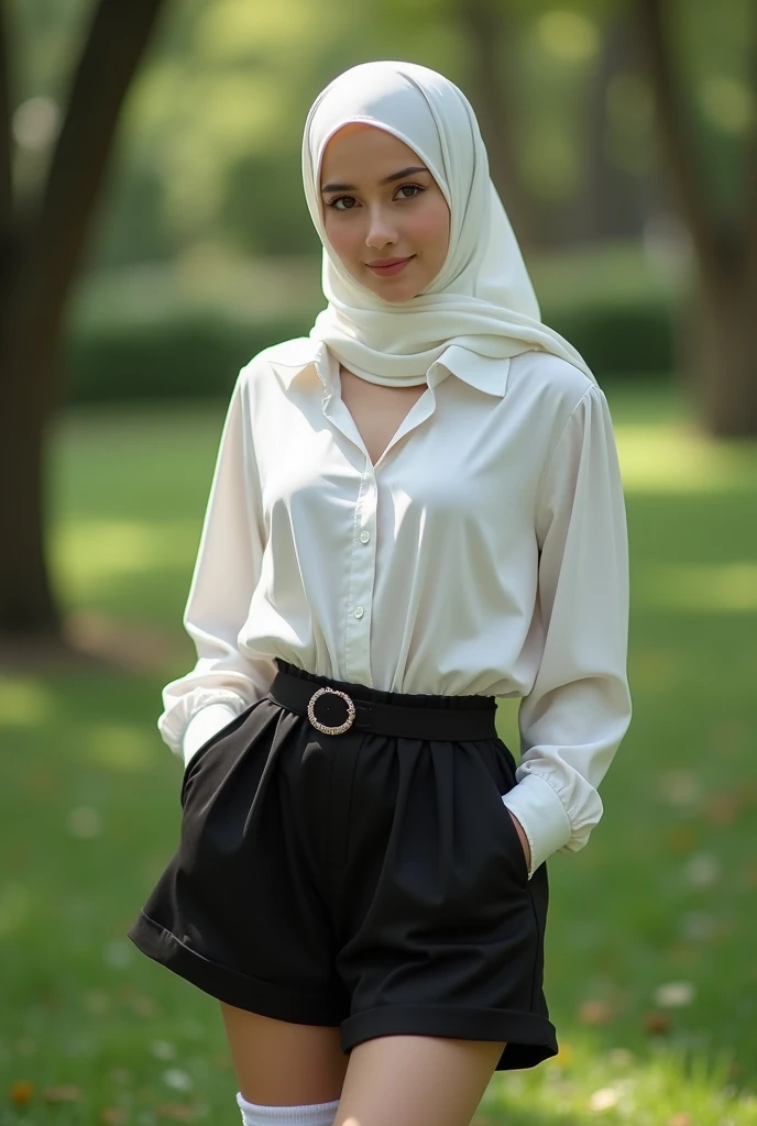  turkish girl wearing hijab, white shirt, black loose mini skirt, white kneesocks in the park a sweet smile,white pants, panties visible, seductive face 