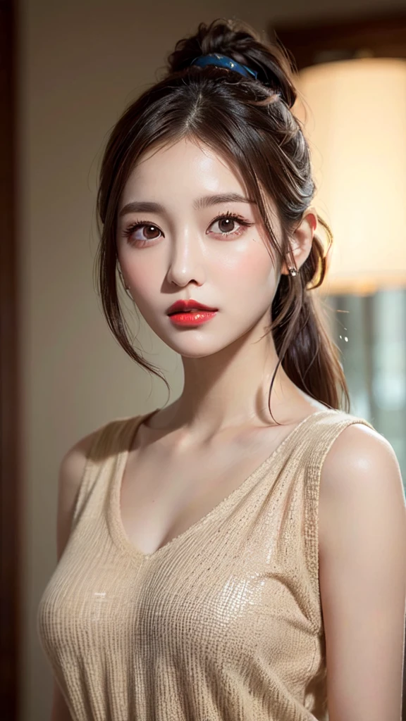 a girl with glossy skin, a subtle red lip, messy hair with strands covering her forehead, very natural and realistic hair, extremely detailed and realistic features including large eyes, high-quality 8K render, realistic painting style, realistic clothing textures, beautiful and elegant facialssion, gazing at the viewer, chestnut colored short ponytail, masterpiece