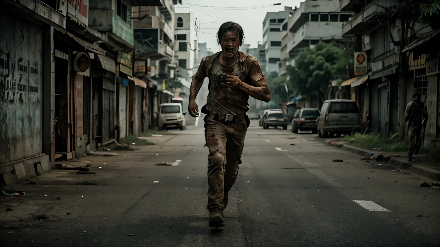 a human male trying to run from a zombie apocalypse in Thailand, in a cinematic film style
