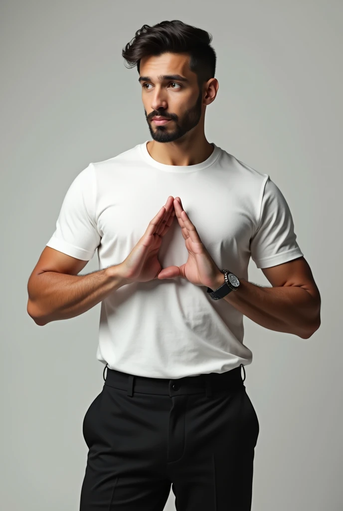 (photorealism:1.2), male adult, full body, black pants, white t shirt, triangle two hand sign in front of chest