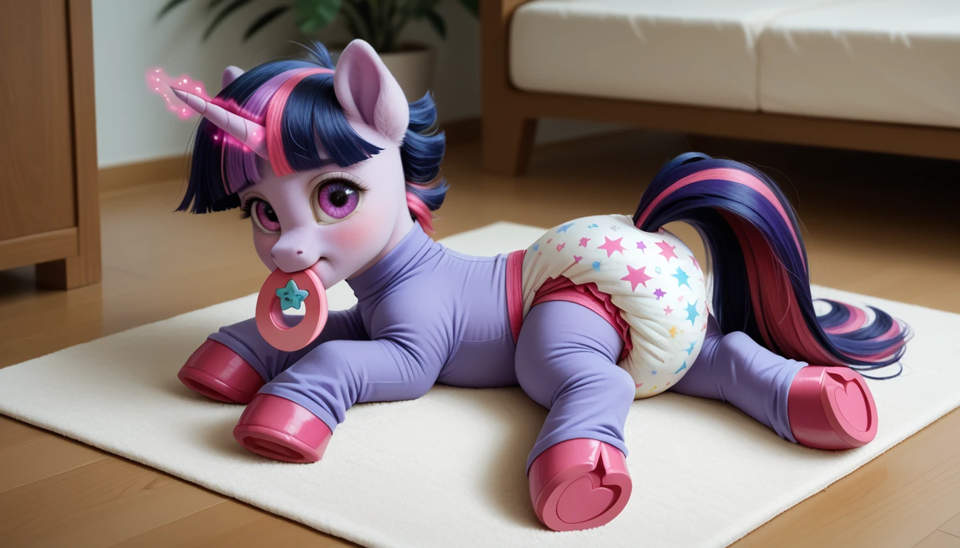 pony, purple unicorn, dark blue mane with purple streak and pink streak, the tail is dark blue with a purple strand and a pink strand, purple eyes, on the side close to the back hoof is a drawing of a pink star with six small stars around a central star, adult mare, sitting in the room on a soft play mat, dressed in an adult size bodysuit and booties, baby adult size pacifier in mouth, solo, thick diaper under clothes, pink blush on cheeks, Embarrassment, Awkwardness.