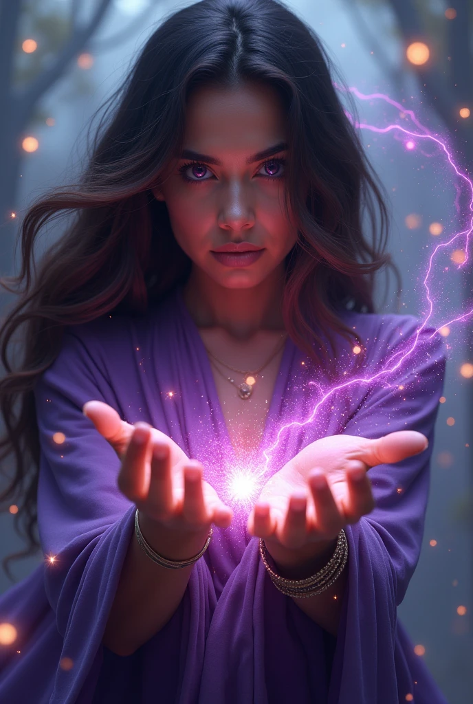 Young purple-eyed sorceress who can't control her powers, latina, Dark brown hair, Dark brown skin ultra-realistic high-quality image generation, bringing limitless possibilities to artistic creation.