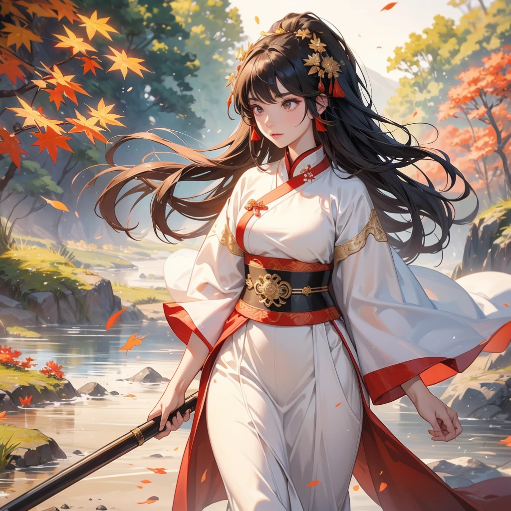 A beautiful female general holding a big spear in white ancient Chinese general costume, walking In the middle of a spring mountain ,the backdrop is a mountain that turns red in spring, and maple leaves fall from the trees. The sun shines and the sun rises, close up.