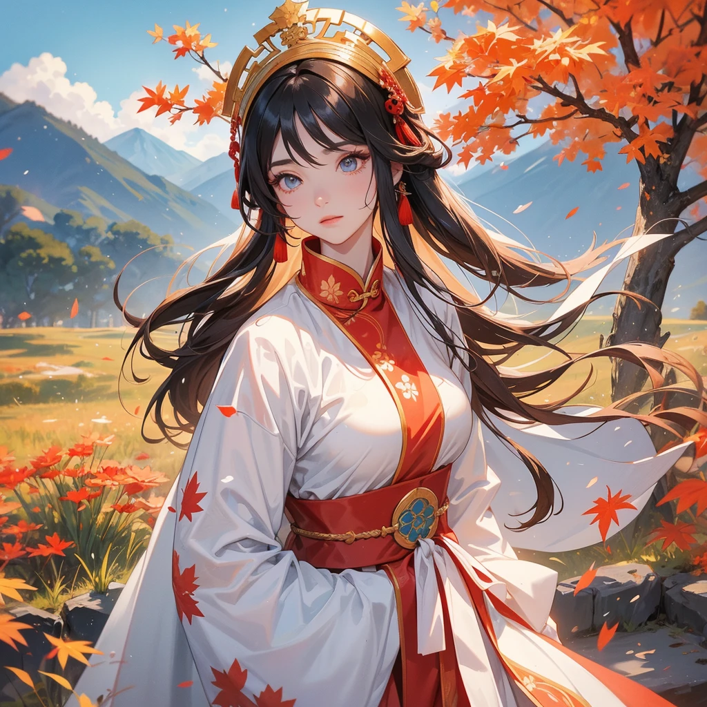 A beautiful female general holding a big spear in white ancient Chinese general costume, walking In the middle of a spring mountain ,the backdrop is a mountain that turns red in spring, and maple leaves fall from the trees. The sun shines and the sun rises, close up.