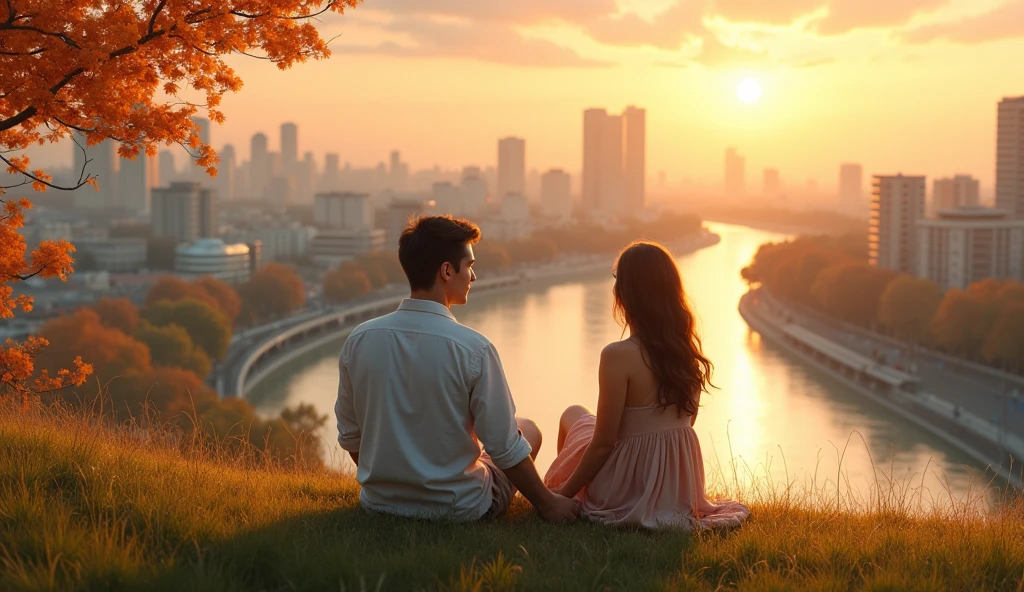 A beautiful young couple, the man wearing a white shirt, the woman wearing a skirt, clear faces, sitting next to each other on a high grass bank overlooking the city river, oil painting, extremely detailed, autumn sunset afternoon, 16k