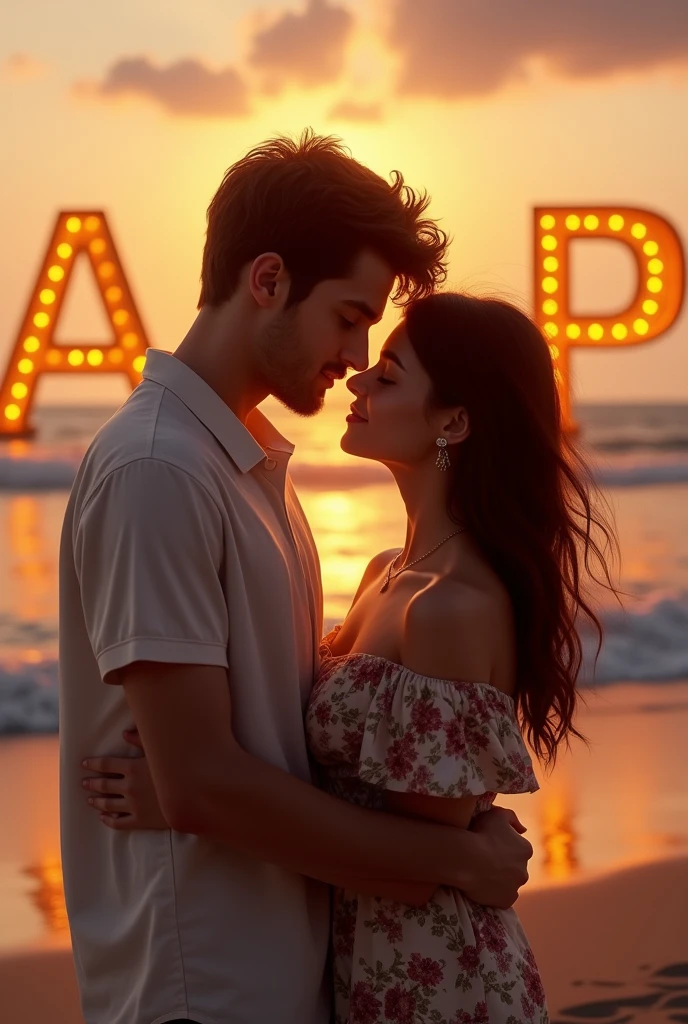 Create 2D realistic photo of a 20 year old couple, holding each other in romantic style, in background words "A & P" is written in big glowing letters, In background there is beautiful beach. hyper realistic photo, romantic lovely photo