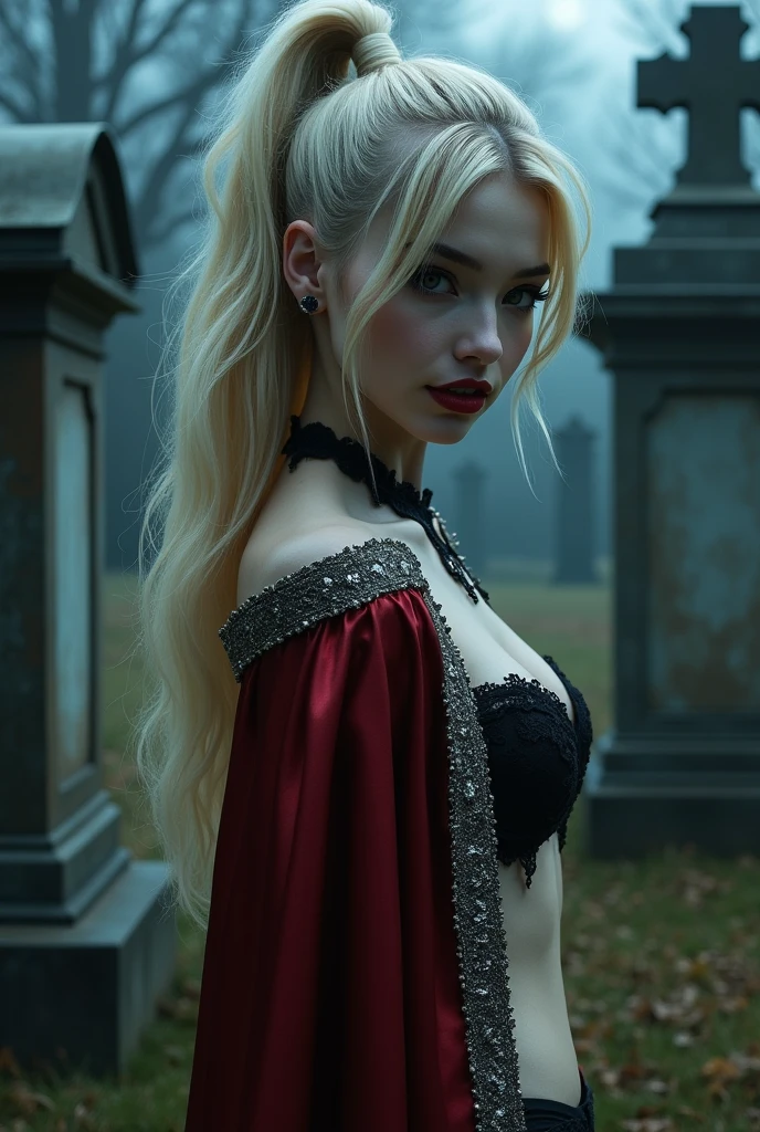 detailed eyes, vampire teeth, ancient castle, dark atmosphere, moonlight, Gothic architecture, misty forest, mysterious, eerie shadows, blood-red sky, medieval weapons, eerie silence, sinister laughter, bats flying, full moon, cobwebs, old manuscripts, ancient spells, haunting melodies, night creatures, flickering torches, secret passages, silver jewelry, vampire fangs, menacing presence, thunderstorm, creepy portraits, crumbling tombstones, dilapidated furniture, stone gargoyle, hidden coffins, forbidden love, eternal darkness, enchanting beauty, supernatural powers, totally naked, big ass, big tits, nude,scantily clad, nudes, golden hair, blonde hair