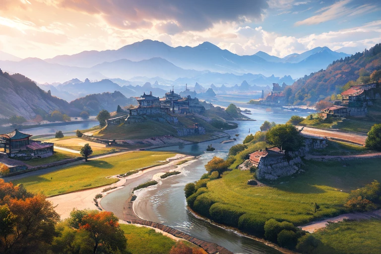 Ancient Chinese Scenery, Mountains, Rivers, Auspicious Clouds, Sunlight, Masterpieces, Super Detail, Epic Composition, Ultra HD, High Quality, Extremely Detailed, Official Art, Unified Wallpaper 8k, Super Detail, 32k