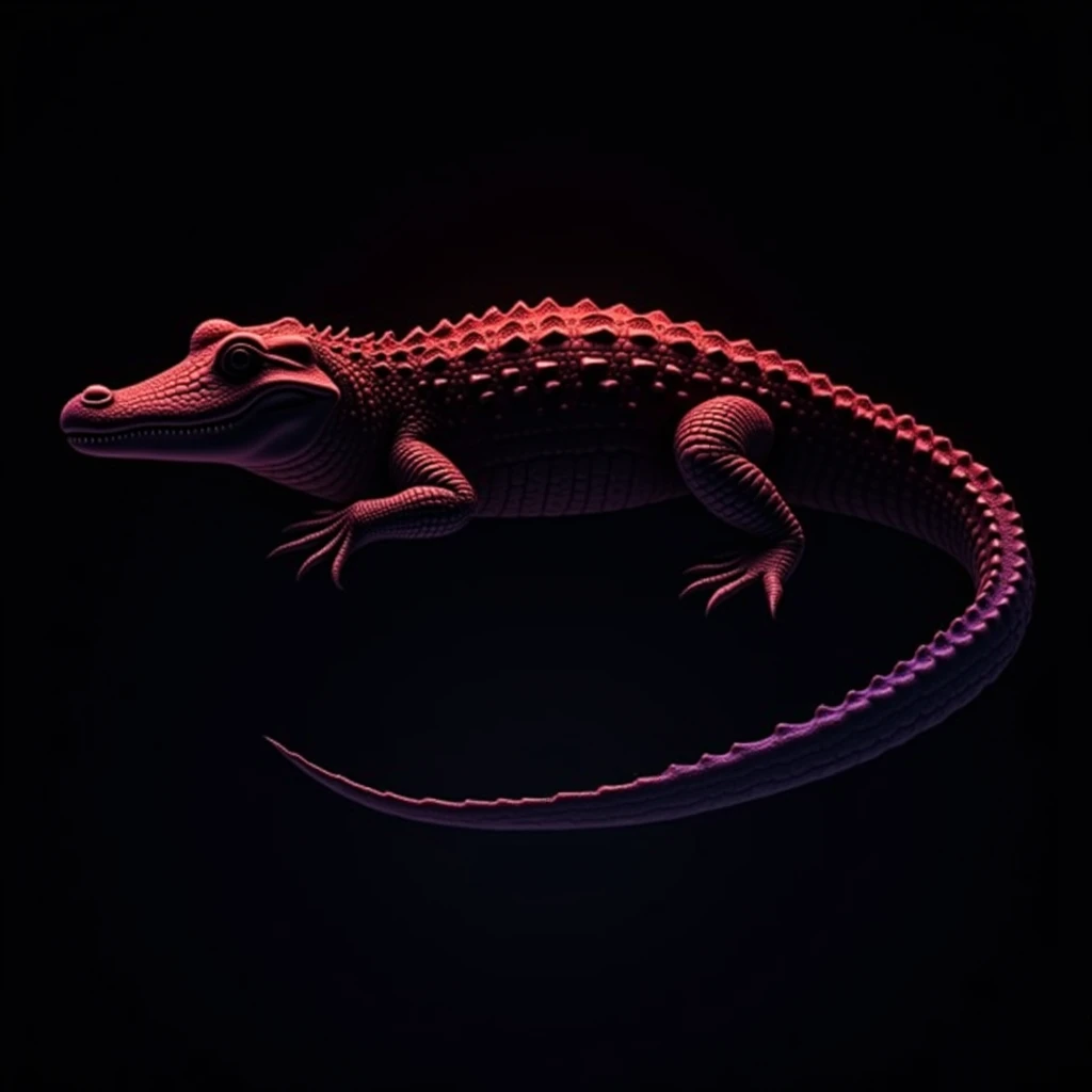 A photo-realistic, extremely detailed silhouette of a full-body crocodile with a mesmerizing gradient color line art style. The outline is formed using a blend of red, orange, yellow, green, blue, indigo, and violet hues, creating a dark fantasy ambiance. The crocodile gazes intently at the viewer with a highly detailed and accurate outline, evoking a sense of dark wildlife photography. The crocodile's silhouette fills the dark black background, with no reflections or white lines, leaving a striking and vibrant impression.