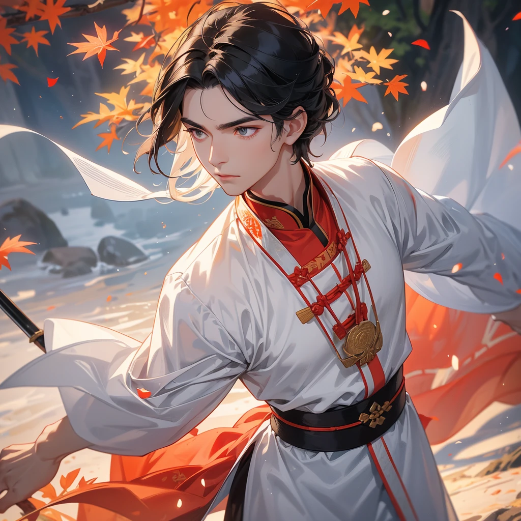 Handsome black-haired male general holding a large sword in white ancient Chinese general costume, walking In the middle of a spring mountain ,the backdrop is a mountain that turns red in spring, and maple leaves fall from the trees. The sun shines and the sun rises, close up.