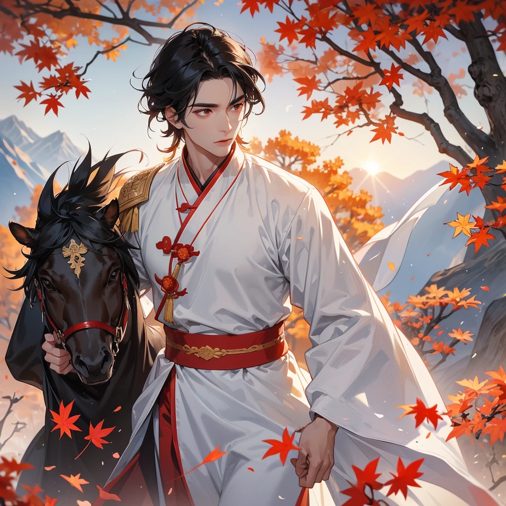 Handsome black-haired male general holding a large sword in white ancient Chinese general costume, walking In the middle of a spring mountain ,the backdrop is a mountain that turns red in spring, and maple leaves fall from the trees. The sun shines and the sun rises, close up.