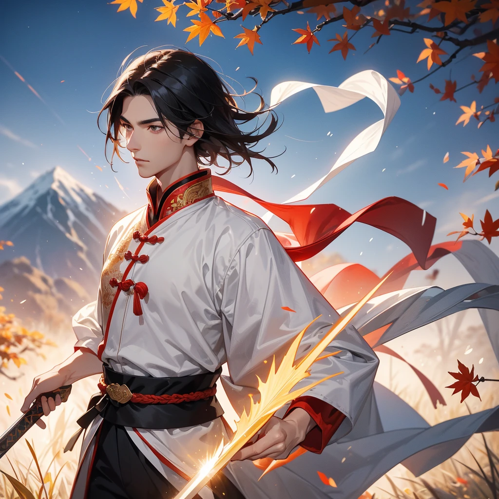 Handsome black-haired male general holding a large sword in white ancient Chinese general costume, walking In the middle of a spring mountain ,the backdrop is a mountain that turns red in spring, and maple leaves fall from the trees. The sun shines and the sun rises, close up.