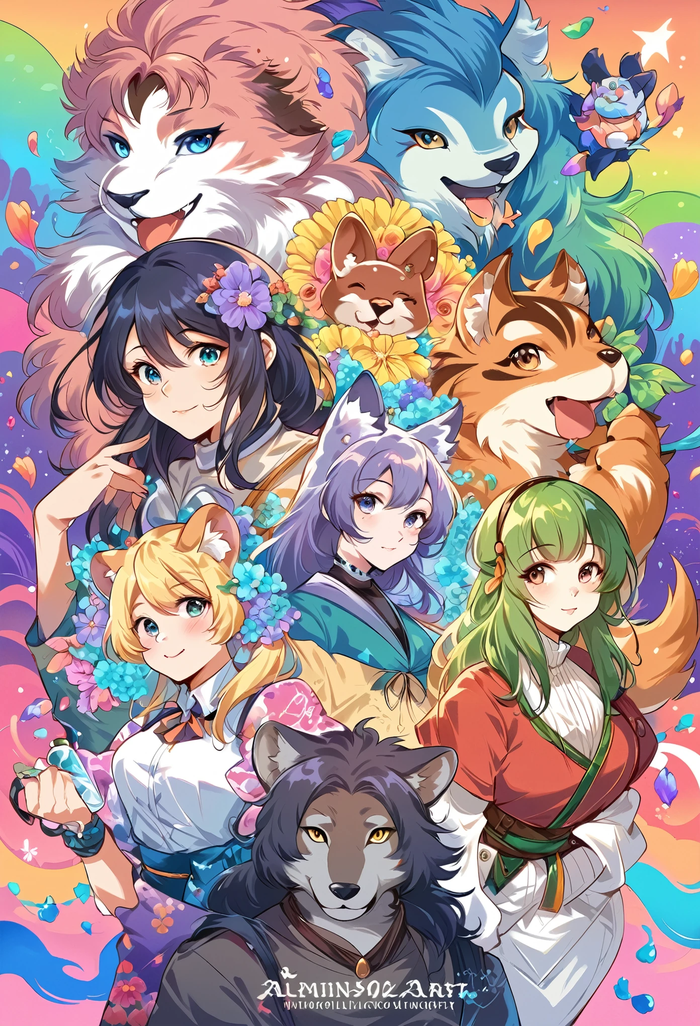 rating_safe, score_9, score_8_up, score_7_up, score_6_up, score_5_up, score_4_up, hires, source_furry, rzminjourney, vector-art, by Alfons Mucha(kemono, furry anthro)logo mark, round, colorful ink splash flower,