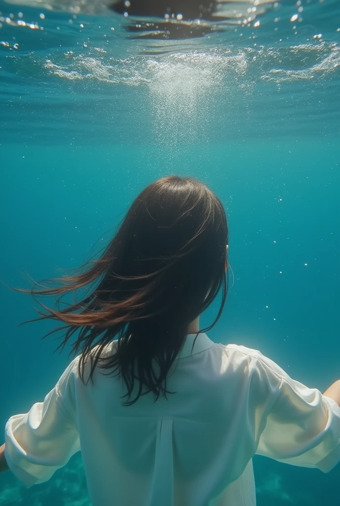 In the deep sea where only bubbles float、A slender beauty facing forward, Close your eyes, Open your arms，Take a deep breath towards the water.、Wearing a white shirt、healthy、clean々Expression、Her hair swayed like waves、