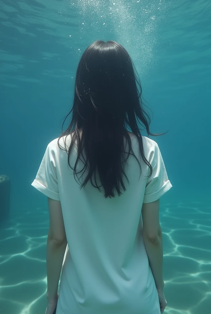 In the deep sea where only bubbles float、A slender beauty facing forward, Close your eyes, Open your arms,Take a deep breath towards the water.、Wearing a white shirt、healthy、clean々Expression、Her hair swayed like waves、