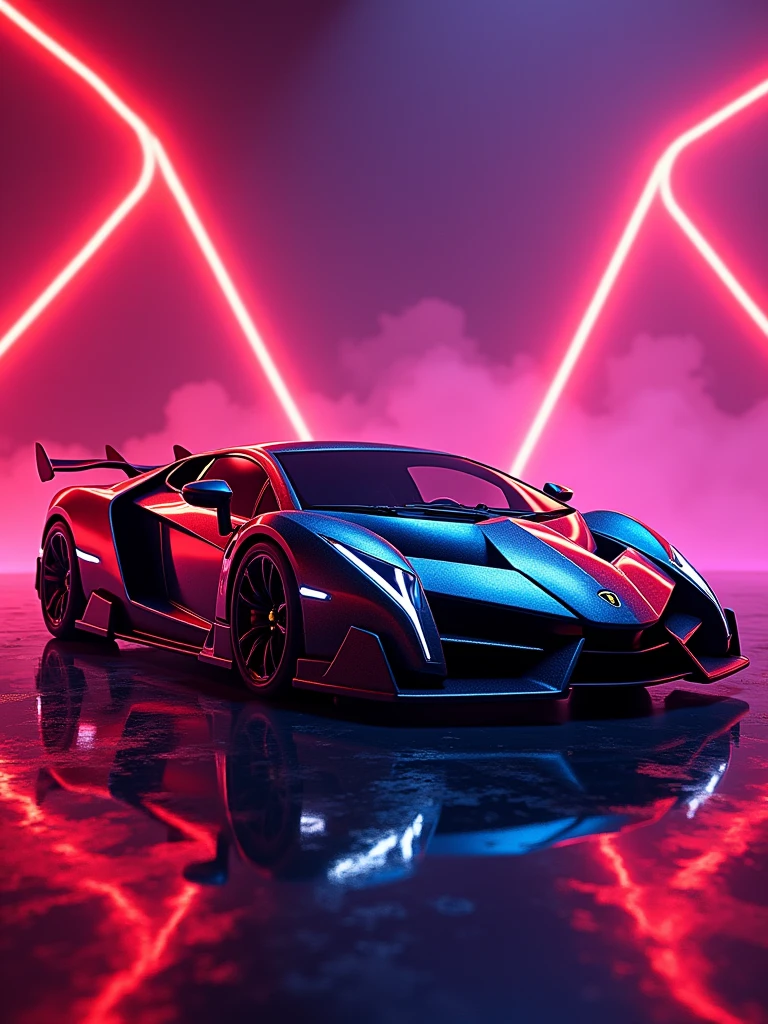 stunning, vibrant illustration of a sleek metallic black and red Lamborghini veneno set in a captivating purple lighting room. The car's geometric design is accentuated by neon lights, and the prominent Lamborghini logo on the side adds to its luxurious appeal. The background features dynamic, futuristic angular red lines, creating a high-energy atmosphere. The car's reflection on a shiny surface below adds depth and dimension to the composition, making for a visually stunning and powerful image., poster, illustration, photo, vibrant