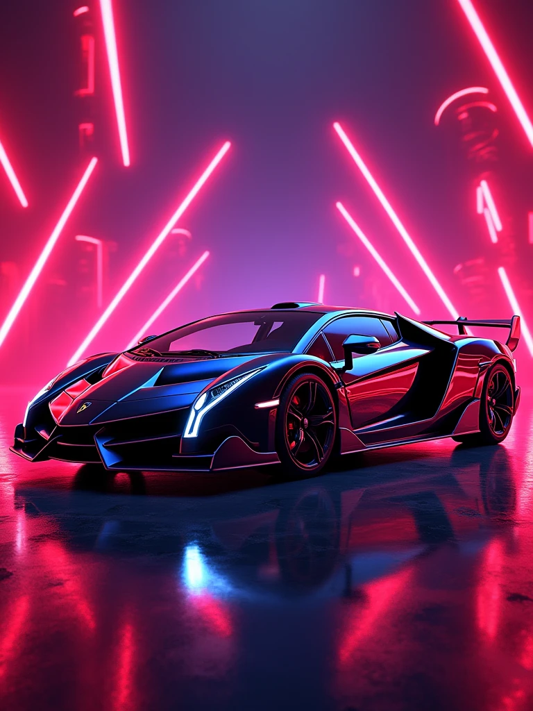 stunning, vibrant illustration of a sleek metallic black and red Lamborghini veneno set in a captivating purple lighting room. The car's geometric design is accentuated by neon lights, and the prominent Lamborghini logo on the side adds to its luxurious appeal. The background features dynamic, futuristic angular red lines, creating a high-energy atmosphere. The car's reflection on a shiny surface below adds depth and dimension to the composition, making for a visually stunning and powerful image., poster, illustration, photo, vibrant