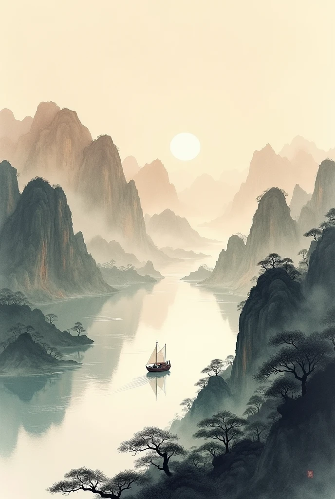 Chinese landscape painting，ink and watercolor painting，water ink，ink，Soil，Vision，Ultra-wide viewing angle，meticulous，There is a light boat in the distance，Vision，meticulous，Soil，Low saturation，Low contrast，The boat has passed thousands of mountains，Beautifully depicted，detailed，Acura，masterpiece，masterpiece