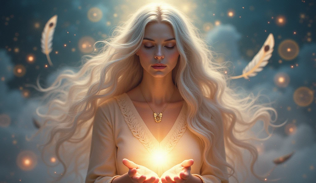 A serene and radiant long-haired woman facing forward, gently releasing glowing orbs of light in a mystical, ethereal environment. The woman is surrounded by floating feathers, light trails, and soft clouds. The background features deep blues, purples, and golden hues, creating a sense of spiritual depth, transformation, and serenity. The atmosphere is calm and otherworldly, emphasizing the spiritual journey and