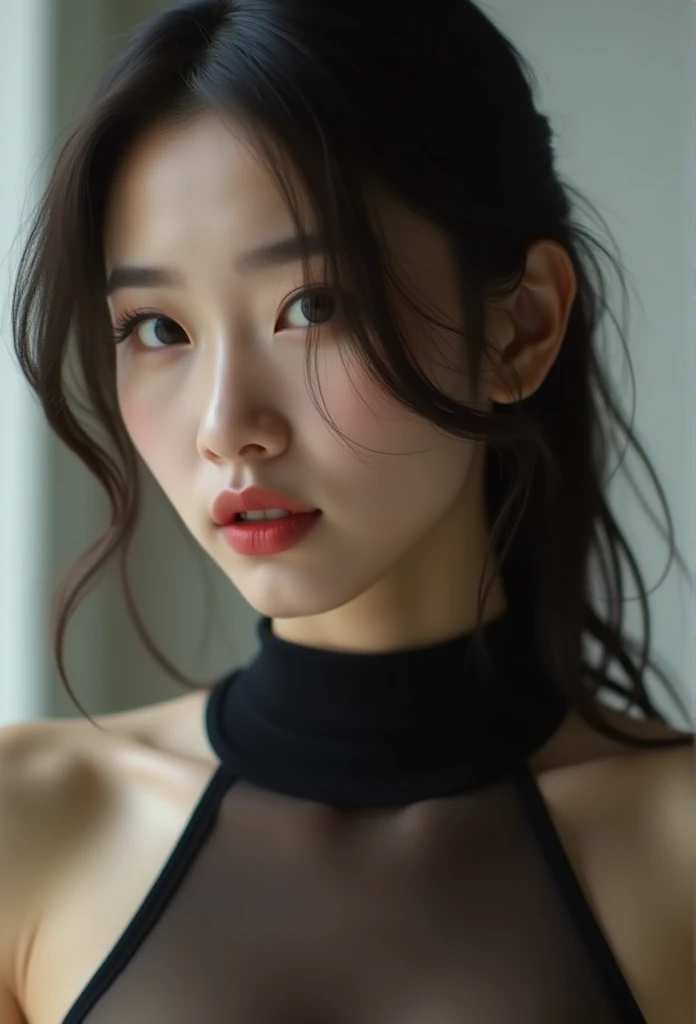 Slender Asian girl, kpop idol, ((latex underwear)), ((top quality, 8k, masterpiece: 1.3)), crisp focus: 1.2, beautiful woman with perfect figure: 1.4, highly detailed face and skin texture, detailed eyes, BDSM, slave, rubberdress, skinny, beautiful face, symmetrical face, boobs are visible