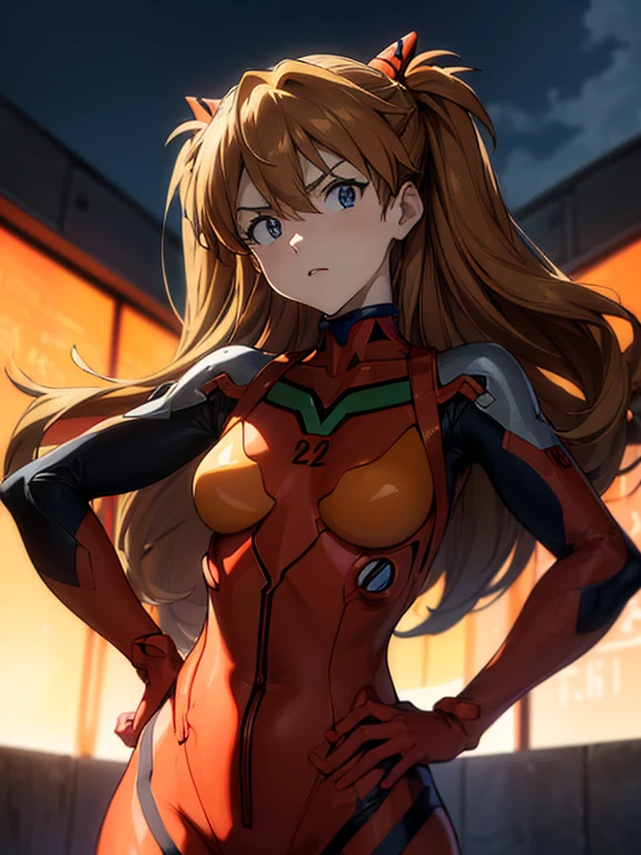 ultra-detailed, illustration, Beautiful Face, Beautiful body, ((souryuu asuka langley, interface headset, red bodysuit:1.4, Orange-brown hair)), glowing eyes, Sparkling Eyes, (beautiful and detailed eyes:1.1), whole body, (((Pointing at you with the index finger of left hand:1.4, Place the other hand on your hip, Attention gesture))), (Mouth open in a preachy tone:1.25), (Leaning forward), The background is NERV Headquarters, [[delicate fingers and hands:0.55]::0.85],(detail fingers), Toon Shader Rendering, photo with an 85mm camera, ((masterpiece, best quality, high resolution))