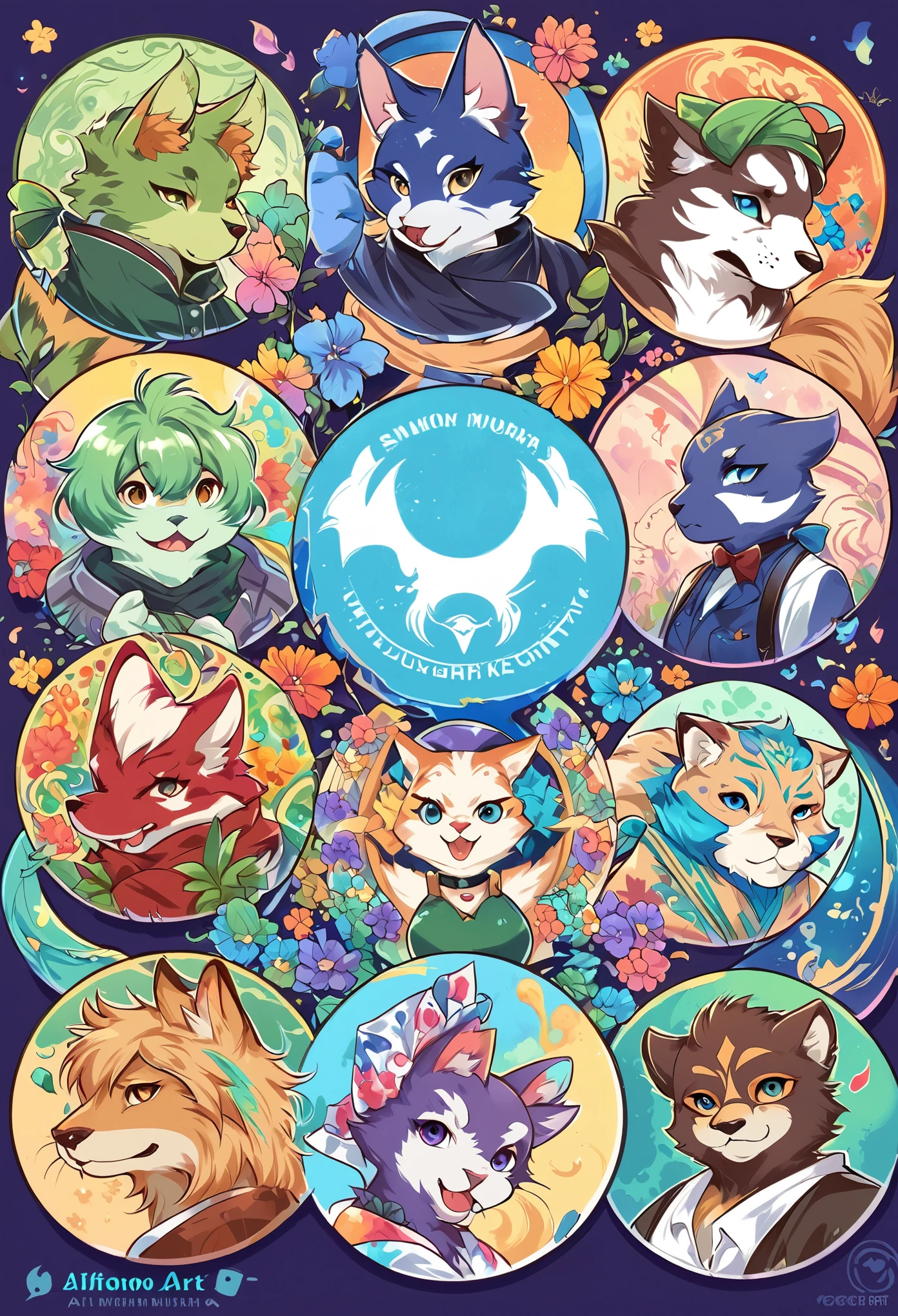rating_safe, score_9, score_8_up, score_7_up, score_6_up, score_5_up, score_4_up, hires, source_furry, rzminjourney, vector-art, by Alfons Mucha(kemono, furry anthro)logo mark, round, colorful ink splash flower,