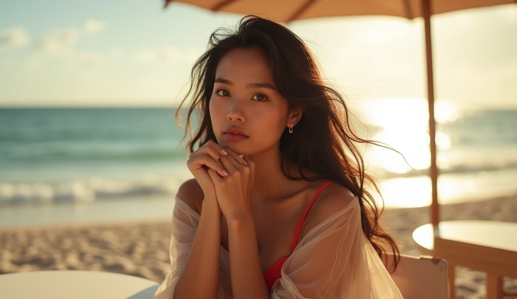 Create an image of an alone confident 2 Filipina woman with an hourglass body shape, slightly curvy, standing at 5'4". She has fair skin, long and thick hair, and a small heart-shaped face with subtle cheekbones and a rounded chin. Her nose is delicate, pointy, and . She is sitting on a chair at a table on a sandy beach, lost in thought with a joyful and contemplative expression. Her windswept hair frames her delicate features beautifully. She is wearing a stylish red bikini with a flowing, transparent dress draped elegantly around her. Her hands are resting on the table or gently touching her chin, reflecting her deep thinking. The background features the soft, warm light of the afternoon sun reflecting off calm ocean waves, capturing the serene beauty of the beach at this time of day.