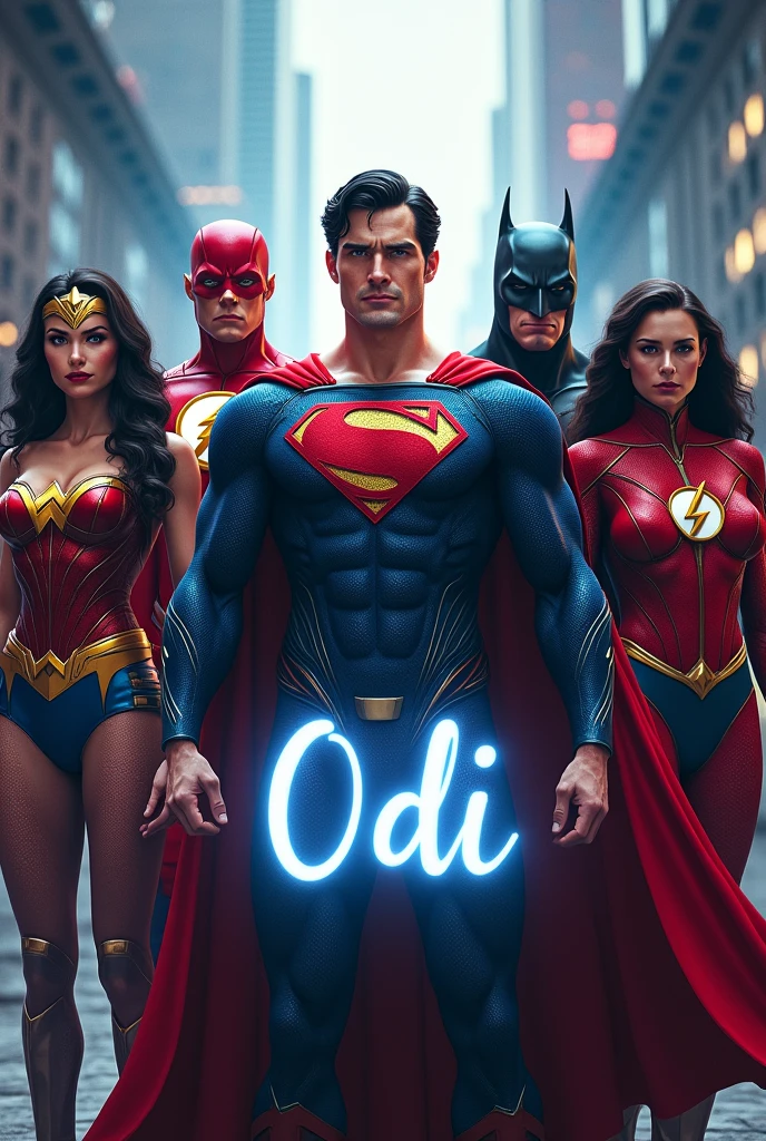 Justice League in digital version,with the characters from the comic d.c.with ODI's name on the front