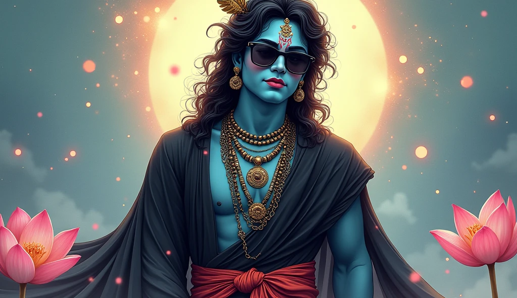 Create a hd poster of lord krishna wearing black gogle