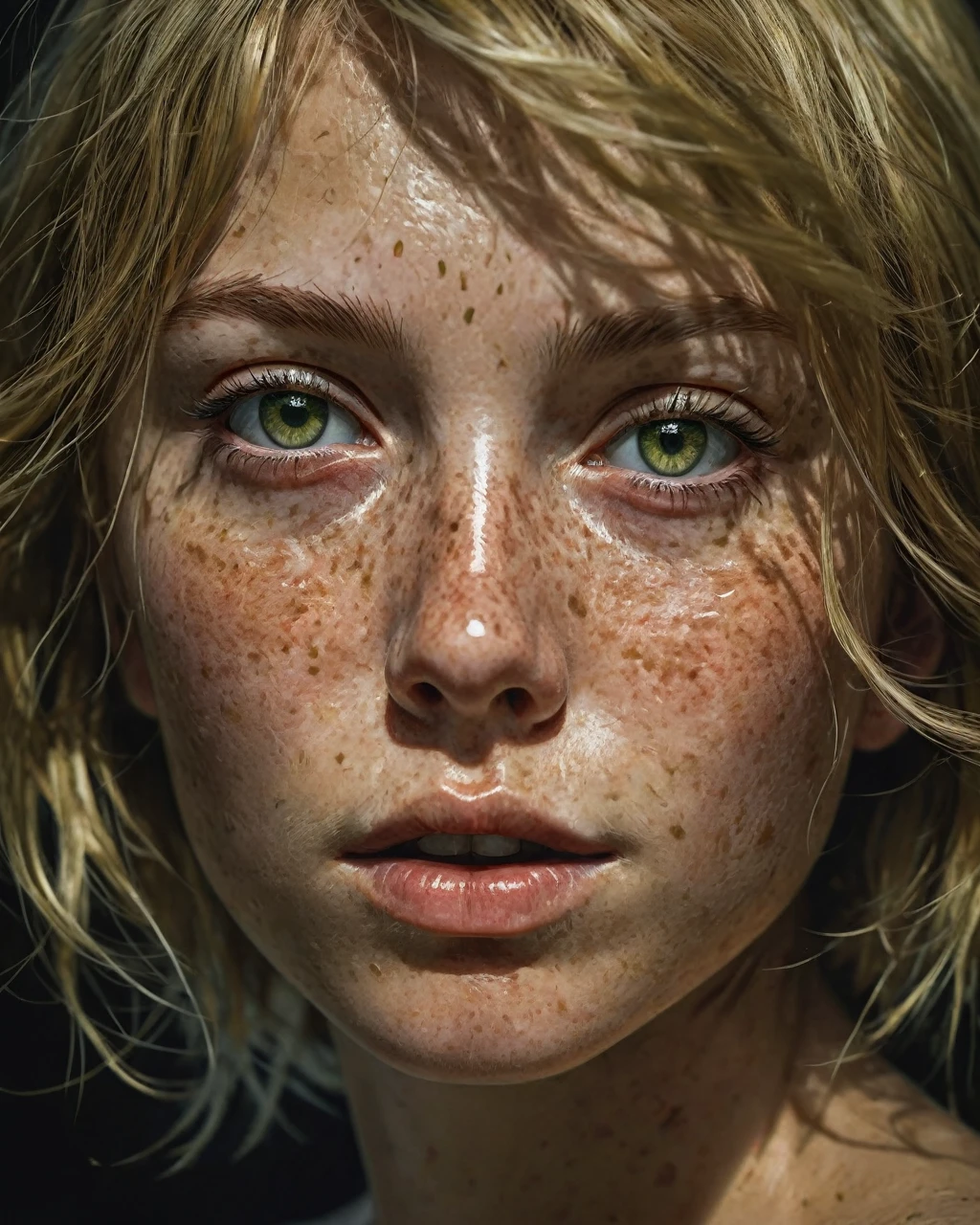 realistic skin texture, Portrait of a young woman with medium blonde hair and few freckles,very beautiful, olive green eyes, dramatic lighting, Illustration by Greg Rutkowski., Yoji Shinkawa, 4k, Digital art, Conceptual art, trend in artstation, \(Best photo\),
(Photography, unformatted format, Photo:1.1),