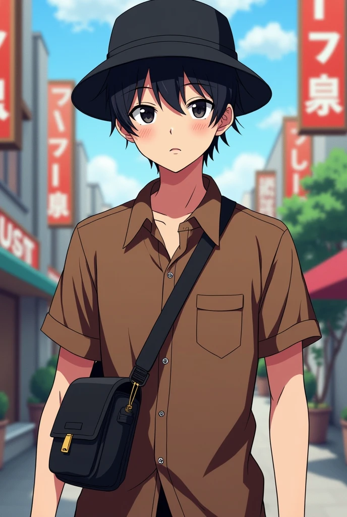 male, black hair, two block hairstyle, black eyes, brown shirt, crossbody bag, idol, アニメ, 2d, black bucket hat