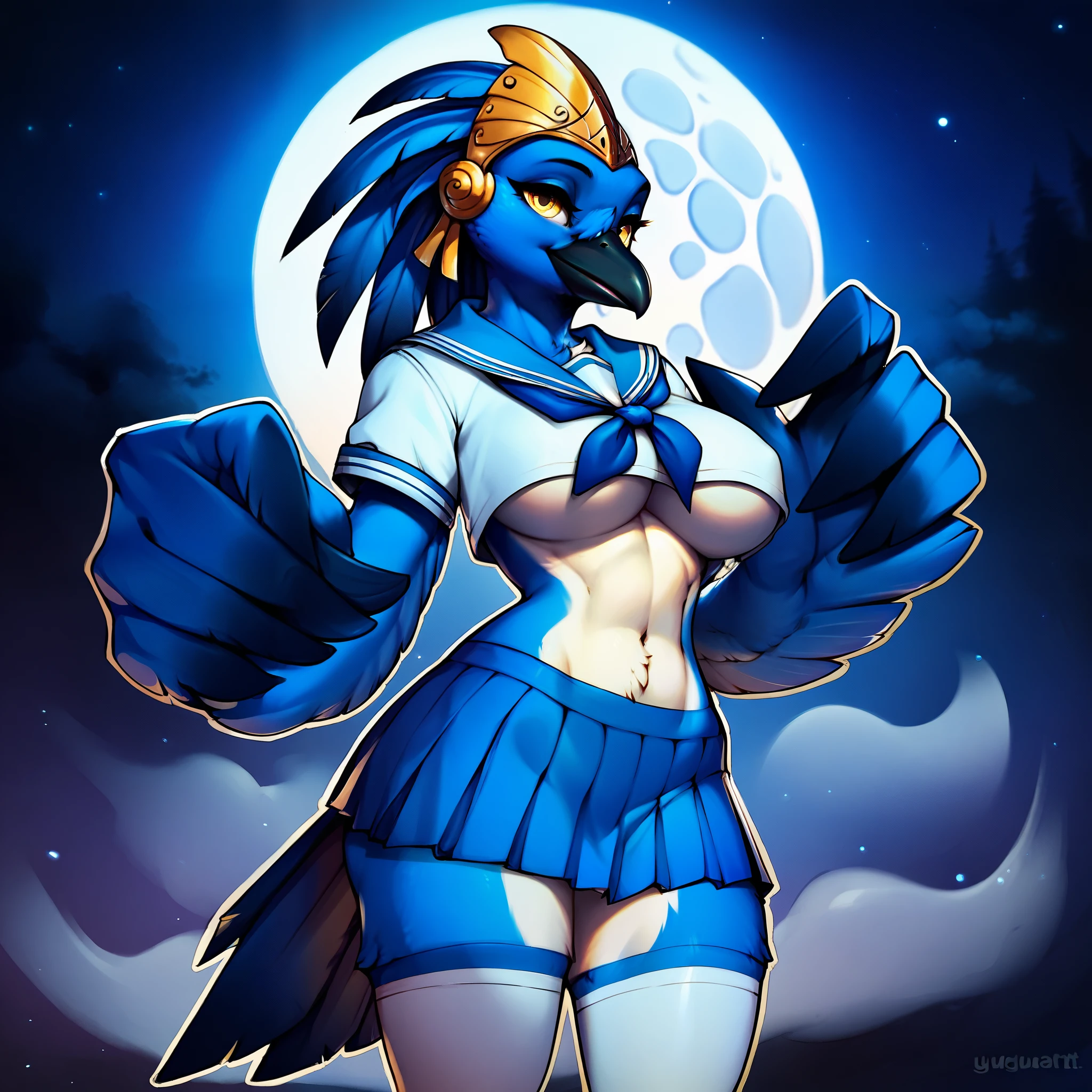 uploaded on e621, explicit content, (evangellos,teranen), vivid color, corvid, post-apocalypse, fog, night moon, solo, female, yellow eyes, furry, white serafuku, schoolgirl, blue sailor collar, blue ribbon knot, blue skirt, white panties, white thigh highs, golden headdress tiarat, midriff, two-tone skin , blue and white body, spike hairs, outline, blue long hair, anthro, bird, blue wings, black beak, bill, blue feather, seductive, big large breasts, underboobs, birdtail, birdlegs, birdhands, claws, hips, (Blue Raven Corvid 1.1), seductive pose, score_9, score_8_up, score_7_up, score_6_up, score_5_up, close-up, half-lenght portrait, detailed face, rounded shape ass, sexy, beautiful face, flawless face, detailed eyes, large eyes, 