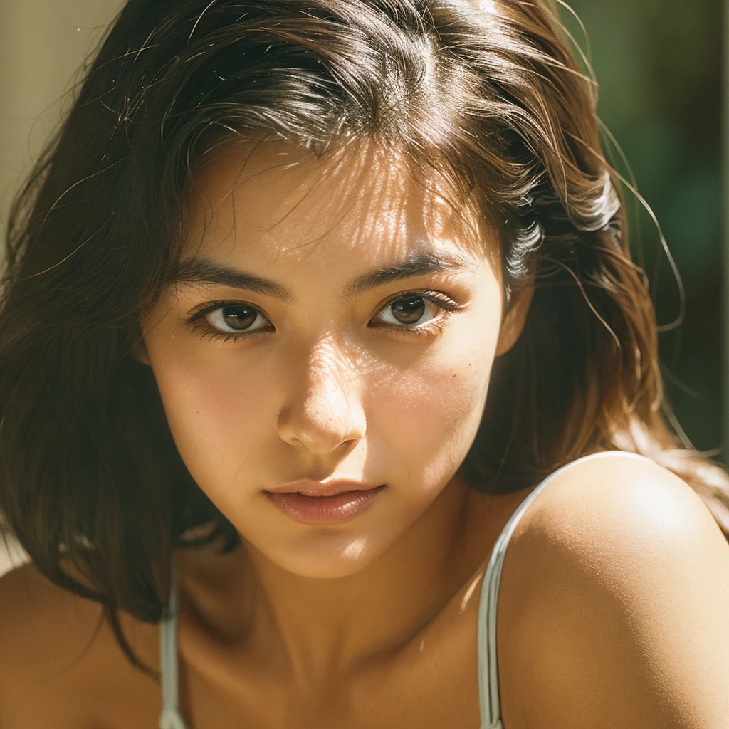 A hyper-realistic image of a single Japanese woman in her early 20s, captured with the nostalgic warmth and subtle graininess of a film camera. Her skin has a warm beige tone with a natural, slightly rough texture that includes visible pores, fine lines, and subtle imperfections such as small blemishes, adding to the authenticity of her appearance. The soft, diffused natural light enhances the film-like quality, casting gentle shadows that create a timeless, organic feel. Her straight, glossy black hair frames her face in a natural, slightly tousled manner, and her deep brown eyes reflect the ambient light, adding depth and emotion. The film camera effect introduces a slight grain and a softer focus, giving the image a warm, nostalgic atmosphere while maintaining the realistic texture of her skin. She is dressed simply, in a way that complements her natural beauty, with the overall composition designed to evoke a sense of genuine, understated elegance. The use of natural light, combined with the deliberately rougher texture of her skin and the film-like qualities, ensures that this image captures the imperfections that make her beauty truly lifelike, focusing solely on this one individual.
