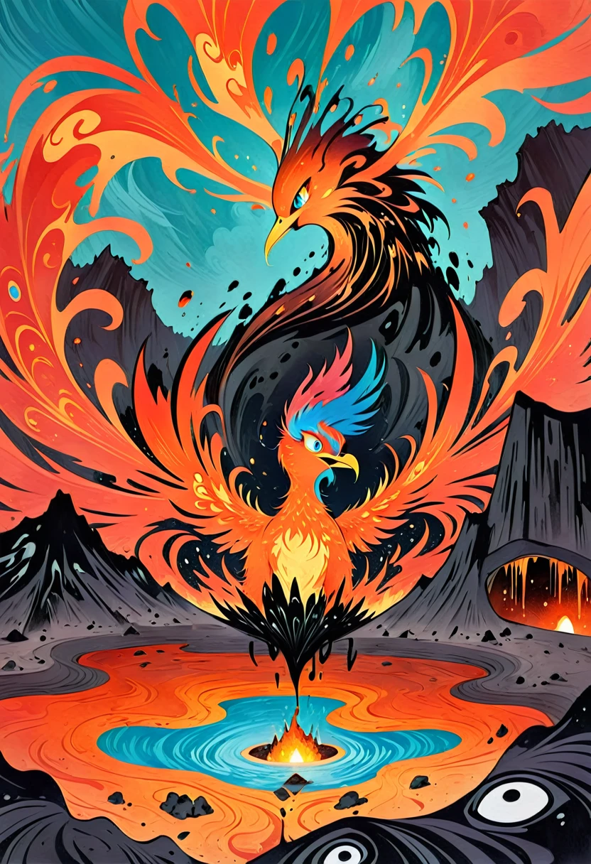 Chinese ink painting、A design of a phoenix emerging from a volcanic crater, Pop Surrealism, Children's Illustration Style