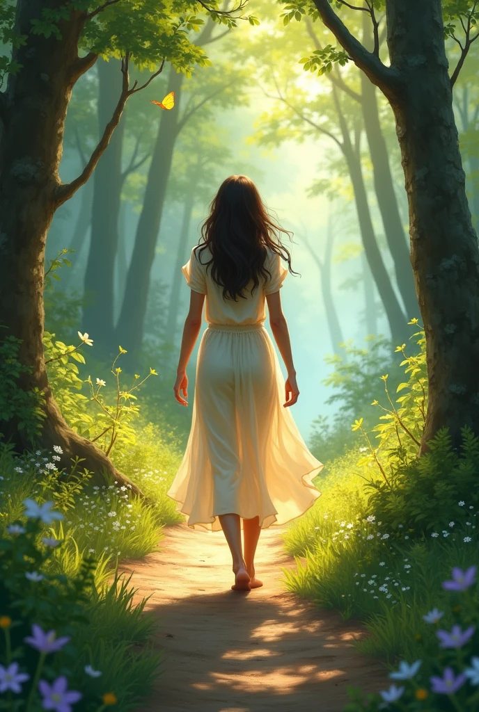 "Aisha walking back home through the forest, her heart filled with peace and wonder, as the memory of the magical meadow and the golden butterfly lingers in her mind."
