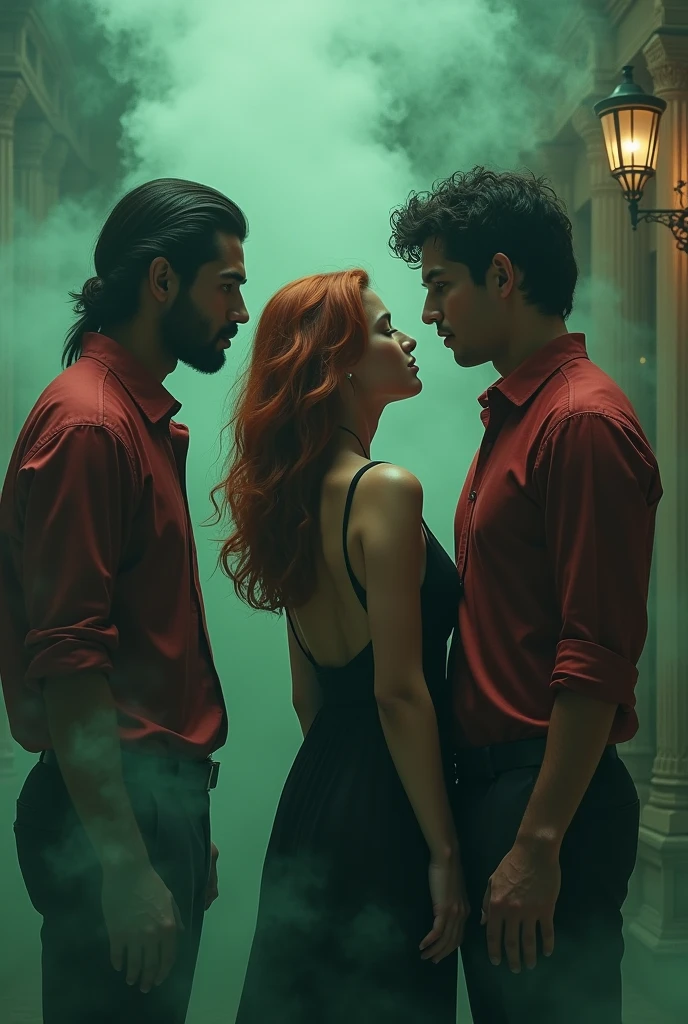Image reelle
Le decor est partagé en deux a droite un manoir a gauche un bar il y a de la fumer artificielle verte et grise. C est un triangle amoureux entre deux homme et une femme
Homme: a droite 30 ans reunionais teint mat cheveux noir cour et ondulé. Regarde la jeune fille avec détermination et desire.
Au centre : jeune fille de 23 ans cheveux long rouge et ondulés a le regarde perdue elle est habillée d une robe noir.
A gauche: homme de 25 ans italien cheveux noir en queue de cheval habillé en chemise de soie rouge et pantalon noir regarde la jeune fille avec douceur et amour.