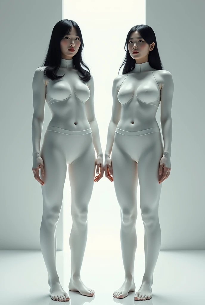 Korean women who are 232cm tall, Two people with jet black hair and eyes, Big chest and muscular body, Pure white skin, physicist