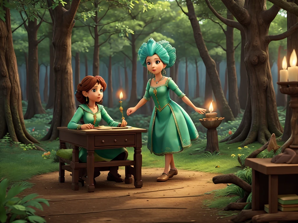 The woman gives them the task of finding the enchanted tree that grants wishes and warns them about the forest’s tricks.