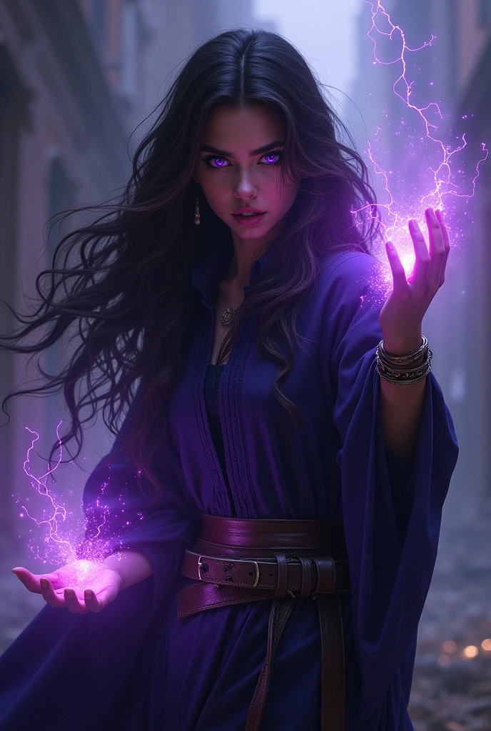 Silhouette of a young purple-eyed sorceress who can't control her powers, latina, Dark brown hair, Dark brown skin ultra-realistic high-quality image generation, bringing limitless possibilities to artistic creation.