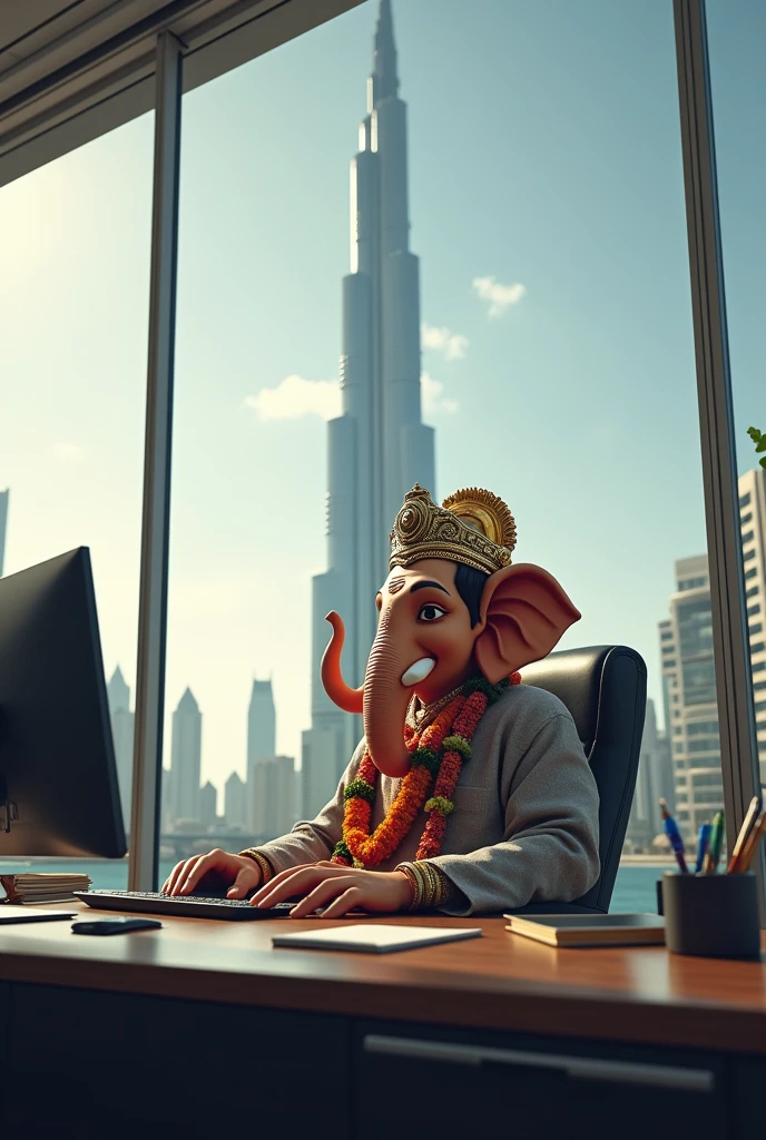 Lord ganesha working in office on the back side Burj Khalifa with last same image looking at camera with smile
