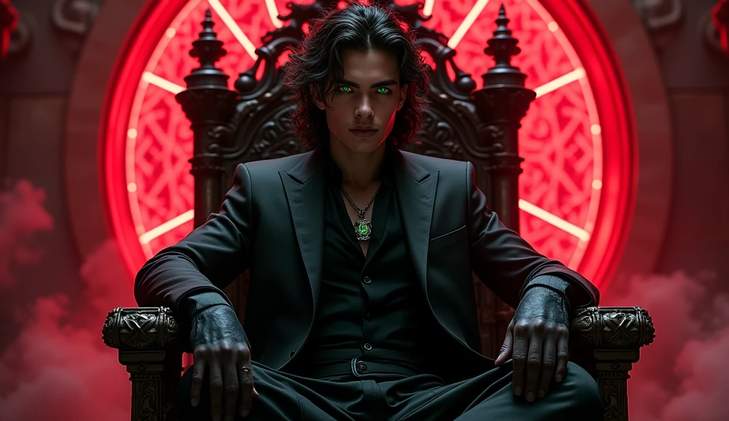 rhysand acotar, RAW Photos,black light, dark hair , rhysand, sarcastic brunette, dark surroundings, Dark masterpiece, homem fair brown-skinned, sitting in a throne, throne with thorns, black roses, man black clothes black, posing photo, black witchcraft, red geometric shiny background, full body size, Eastern fantasy theme, Neon green eyes, underworld, cold stare, Dark clothes, long and tight, fair brown-skinned, color classification, dark illustration, extreme quality, Radiant, extremely detaild, Face ultra detailed, ultra hd 8k, ultradigitality, mythical, black lightning, Conceital Art Portrait of Greg Rutkowski, artgerm, hyperdetailed, intricately detailed Gothic art, dark gothic fantasy style, triadic colors, Fantastic, intricate-detail, opening screen, colors complementary, fantasy concept art, 8K resolution, masterpiece of gothic deviantart, Heavy strokes, soft lighting, Surrealism