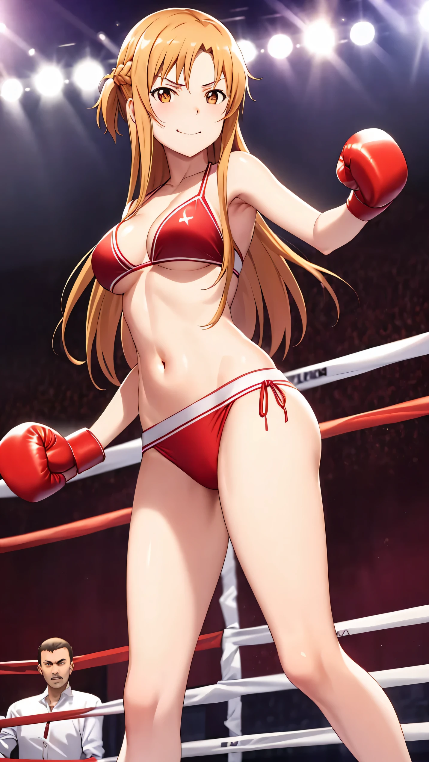 Asuna yuki(Sword Art Online), Dynamic Angle, Long bronze hair,Braiding,Brown eyes,Detailed eyes,Big bust line,bikini, Roll Forward,Real,Her slim legs are really cute.,Very beautiful long legs, Perfect body,Real,(Standing Alone),Fighting Pose,Boxing gloves,Boxing Ring,Smirking, From Below,winner,Ultra HD,Detailed eyes,Detailed face,Cowboy shot,