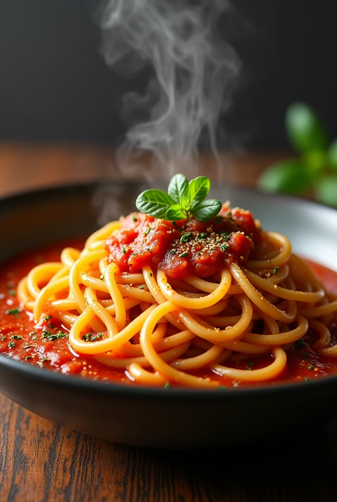 A bowl of noodles on top red sauce